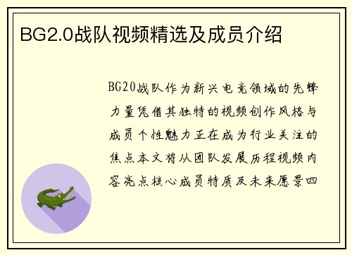 BG2.0战队视频精选及成员介绍