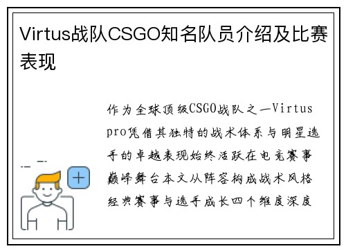 Virtus战队CSGO知名队员介绍及比赛表现